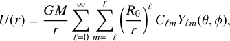 Mathematical equation: $U\left( r \right) = {{GM} \over r}\mathop \sum \limits_{\ell = 0}^\infty \mathop \sum \limits_{m = - \ell }^\ell {\left( {{{{R_0}} \over r}} \right)^\ell }{C_{\ell m}}{Y_{\ell m}}\left( {\theta ,\phi } \right),$