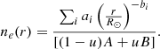 Mathematical equation: $$ \begin{aligned} n_e(r) = \frac{\sum _i a_i \left(\frac{r}{R_{\odot }}\right)^{-b_i}}{[(1-u)A + uB]}. \end{aligned} $$
