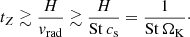 Mathematical equation: $$ \begin{aligned} t_Z \gtrsim \frac{H}{v_{\rm rad}} \gtrsim \frac{H}{\mathrm{St}\,c_{\rm s}} = \frac{1}{\mathrm{St}\,\Omega _{\rm K}}\cdot \end{aligned} $$
