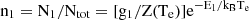 Mathematical equation: $ \mathrm{n}_1=\mathrm{N}_{1}/\mathrm{N}_{\mathrm{tot}}= [\mathrm{g}_1/\mathrm{Z}(\mathrm{T}_{\mathrm{e}})] \mathrm{e}^{-\mathrm{E}_1/\mathrm{k}_{\mathrm{B}} \mathrm{T}_{\mathrm{e}}} $