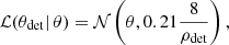 Mathematical equation: $$ \begin{aligned}&\mathcal{L} (\theta _{\rm det}|\, \theta ) = \mathcal{N} \left(\theta , 0.21\frac{8}{\rho _{\rm det}}\right),\end{aligned} $$