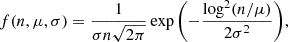 Mathematical equation: $$ \begin{aligned} f(n, \mu , \sigma ) = \frac{1}{\sigma n \sqrt{2\pi }} \exp {\left(-\frac{\log ^2(n/\mu )}{2\sigma ^2}\right)}, \end{aligned} $$