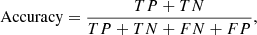 Mathematical equation: $$ \begin{aligned} \text{ Accuracy} = \frac{TP+TN}{TP+TN+FN+FP}, \end{aligned} $$