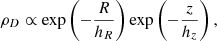 Mathematical equation: $$ \begin{aligned} \rho _D \propto \mathrm{exp} \left( -\frac{R}{h_R}\right)\mathrm{exp} \left(-\frac{z}{h_z}\right), \end{aligned} $$