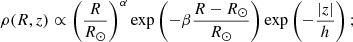 Mathematical equation: $$ \begin{aligned} \rho (R, z) \propto \left( \frac{R}{R_\odot } \right)^{\alpha } \exp \left( -\beta \frac{R - R_\odot }{R_\odot } \right) \exp \left( -\frac{|z|}{h} \right); \end{aligned} $$