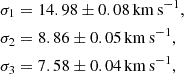 Mathematical equation: $$ \begin{aligned} \begin{aligned} \sigma _1&= 14.98 \pm 0.08 \,\mathrm {km\, s}^{-1} , \\ \sigma _2&= 8.86 \pm 0.05 \,\mathrm {km\, s}^{-1} , \\ \sigma _3&= 7.58 \pm 0.04 \,\mathrm {km\, s}^{-1} , \end{aligned} \end{aligned} $$