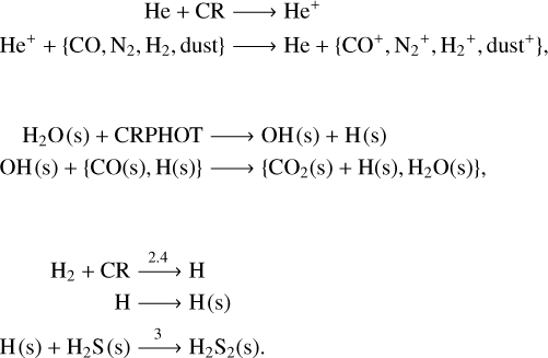 Mathematical equation: \ce{He + CR &-> He+} \\ \ce{He+ + \{CO,N2,H2,dust\} &-> He + \{CO+,N2+,H2+,dust+\}} ,