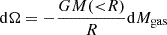 Mathematical equation: $$ \begin{aligned} \mathrm{d}\Omega = -\frac{GM({ < }R)}{R}\mathrm{d}M_{\rm gas} \end{aligned} $$