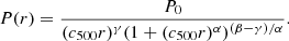 Mathematical equation: $$ \begin{aligned} P(r) = \frac{P_0}{(c_{500}r)^{\gamma } (1+(c_{500}r)^\alpha )^{(\beta -\gamma )/\alpha }}. \end{aligned} $$