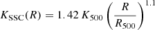 Mathematical equation: $$ \begin{aligned} K_{\rm SSC}(R) = 1.42\,K_{500} \left(\frac{R}{R_{500}}\right)^{1.1} \end{aligned} $$