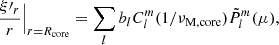 Mathematical equation: $$ \begin{aligned} \frac{\xi \prime _{r}}{r}\Big |_{r=R_{\rm core}} = \sum _{l}b_{l}C_{l}^{m}(1/\nu _{\rm M, core})\tilde{P}_{l}^{m}(\mu ), \end{aligned} $$