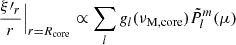 Mathematical equation: $$ \begin{aligned} \frac{\xi \prime _{r}}{r}\Big |_{r=R_{\rm core}} \propto \sum _{l}g_{l}(\nu _{\rm M, core})\tilde{P}_{l}^{m}(\mu ) \end{aligned} $$