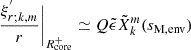 Mathematical equation: $$ \begin{aligned} \dfrac{\xi _{r;k,m}^{^{\prime }}}{r}\Bigg |_{R_{\rm core}^{+}}\simeq Q\tilde{\epsilon }\tilde{X}_{k}^{m}(s_{\rm M,env}) \end{aligned} $$