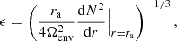 Mathematical equation: $$ \begin{aligned} \epsilon = \left(\frac{r_{\rm a}}{4\Omega _{\rm env}^{2}}\frac{\mathrm{d} N^{2}}{\mathrm{d} r}\Big |_{r=r_{\rm a}}\right)^{-1/3}, \end{aligned} $$
