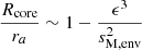Mathematical equation: $$ \begin{aligned} \frac{R_{\rm core}}{r_a} \sim 1-\frac{\epsilon ^3}{s_{\rm M,env}^{2}} \end{aligned} $$
