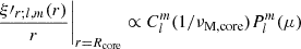 Mathematical equation: $$ \begin{aligned} \frac{\xi \prime _{r;l,m}(r)}{r}\Bigg |_{r=R_{\rm core}} \propto C_{l}^{m}(1/\nu _{\rm M, core})P_{l}^{m}(\mu ) \end{aligned} $$