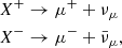 Mathematical equation: $$ \begin{aligned} X^+&\rightarrow \mu ^+ + \nu _\mu \nonumber \\ X^-&\rightarrow \mu ^- + \bar{\nu }_\mu \nonumber , \end{aligned} $$