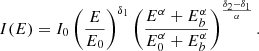 Mathematical equation: $$ \begin{aligned} I(E) = I_0 \left( \frac{E}{E_0}\right)^{\delta _1} \left( \frac{E^\alpha +E^\alpha _b}{E^\alpha _0+E^\alpha _b}\right)^\frac{\delta _2-\delta _1}{\alpha }. \end{aligned} $$