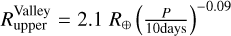 Mathematical equation: $\[R_{\text {upper }}^{\text {Valley }}=2.1 ~R_{\oplus}\left(\frac{P}{10 \text {days }}\right)^{-0.09}\]$