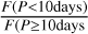 Mathematical equation: $\[\frac{F(P{<}10 \text {days})}{F(P {\geq} 10 \text {days}}\]$