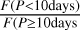 Mathematical equation: $\[\frac{F(P{<}10 \text {days})}{F(P {\geq} 10 \text {days}}\]$