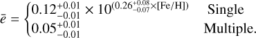 Mathematical equation: $\[\bar{e}=\left\{\begin{array}{lc}0.12_{-0.01}^{+0.01} \times 10^{\left(0.26_{-0.07}^{+0.08} \times[\mathrm{Fe} / \mathrm{H}]\right)} & \text { Single } \\0.05_{-0.01}^{+0.01} & \text { Multiple }.\end{array}\right.\]$