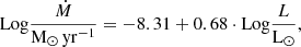 Mathematical equation: $$ \begin{aligned} \mathrm{Log} \frac{\dot{M}}{\mathrm{M}_\odot \,{\mathrm{yr} }^{-1}} = -8.31 + 0.68 \cdot \mathrm{Log} \frac{L}{\mathrm{L}_\odot }, \end{aligned} $$