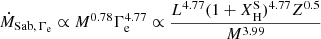 Mathematical equation: $$ \begin{aligned}&\dot{M}_{\mathrm{Sab},\,\Gamma _{\rm e}} \propto M^{0.78}\Gamma _{\rm e}^{4.77} \propto \frac{L^{4.77} (1+X_{\rm H}^\mathrm{S})^{4.77}Z^{0.5}}{M^{3.99}} \end{aligned} $$