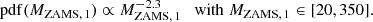 Mathematical equation: $$ \begin{aligned} \mathrm{pdf}(M_{\mathrm{ZAMS},\,1})\propto M_{\mathrm{ZAMS},\,1}^{-2.3} \quad \mathrm{with}\; M_{\mathrm{ZAMS},\,1} \in [20, 350]. \end{aligned} $$
