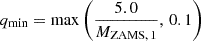 Mathematical equation: $$ \begin{aligned} &q_{\rm min} = \mathrm{max} \left(\dfrac{5.0}{M_{\mathrm{ZAMS},\,1}},\, 0.1\right) \end{aligned} $$