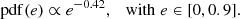Mathematical equation: $$ \begin{aligned} \mathrm{pdf}(e) \propto e^{-0.42}, \quad \mathrm{with}\; e\in [0, 0.9]. \end{aligned} $$