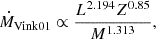Mathematical equation: $$ \begin{aligned} \dot{M}_{\mathrm{Vink01} } \propto \frac{L^{2.194} Z^{0.85}}{M^{1.313}}, \end{aligned} $$
