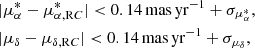 Mathematical equation: $$ \begin{aligned}&|\mu _{\alpha }^{*} - \mu _{\alpha , \mathrm RC}^{*}| < 0.14\,\mathrm{mas\,yr^{-1}} + \sigma _{\mu _{\alpha }^{*}}, \\&|\mu _{\delta } - \mu _{\delta , \mathrm RC}| < 0.14\,\mathrm{mas\,yr^{-1}} + \sigma _{\mu _{\delta }}, \end{aligned} $$