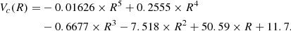 Mathematical equation: $$ \begin{aligned} V_c(R) =&-0.01626\times R^{5}+0.2555\times R^{4} \\&-0.6677\times R^{3}-7.518\times R^{2}+50.59\times R+11.7. \end{aligned} $$