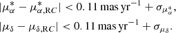 Mathematical equation: $$ \begin{aligned}&|\mu _{\alpha }^{*} - \mu _{\alpha , \mathrm RC}^{*}| < 0.11\,\mathrm{mas\,yr^{-1}} + \sigma _{\mu _{\alpha }^{*}},\\&|\mu _{\delta } - \mu _{\delta , \mathrm RC}| < 0.11\,\mathrm{mas\,yr^{-1}} + \sigma _{\mu _{\delta }}. \end{aligned} $$