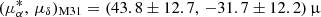 Mathematical equation: $ (\mu_{\alpha}^{*},\,\mu_{\delta})_{\mathrm{M31}} = (43.8 \pm 12.7,\,-31.7 \pm 12.2)\,{\upmu} $