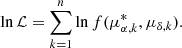 Mathematical equation: $$ \begin{aligned} \ln \mathcal{L} = \sum _{k=1}^{n} \ln f(\mu _{\alpha ,k}^{*}, \mu _{\delta ,k}). \end{aligned} $$