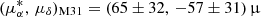 Mathematical equation: $ (\mu_{\alpha}^{*},\,\mu_{\delta})_{\mathrm{M31}} = (65 \pm 32,\,-57 \pm 31)\,{\upmu} $