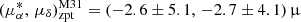 Mathematical equation: $ (\mu_{\alpha}^{*},\,\mu_{\delta})_{\mathrm{zpt}}^{\mathrm{M31}} = (-2.6 \pm 5.1,\,-2.7 \pm 4.1)\,{\upmu} $