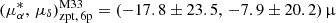 Mathematical equation: $ (\mu_{\alpha}^{*},\,\mu_\delta)_{\mathrm{zpt,\,6p}}^{\mathrm{M33}} = (-17.8 \pm 23.5,\,-7.9 \pm 20.2)\,{\upmu} $