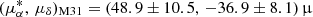 Mathematical equation: $ (\mu_{\alpha}^{*},\,\mu_{\delta})_{\mathrm{M31}} = (48.9 \pm 10.5,\,-36.9 \pm 8.1)\,{\upmu} $