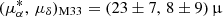 Mathematical equation: $ (\mu_{\alpha}^{*},\,\mu_{\delta})_{\mathrm{M33}} = (23 \pm 7,\,8 \pm 9)\,{\upmu} $