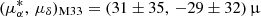 Mathematical equation: $ (\mu_{\alpha}^{*},\,\mu_{\delta})_{\mathrm{M33}} = (31 \pm 35,\,-29 \pm 32)\,{\upmu} $