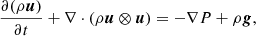 Mathematical equation: $$ \begin{aligned} \frac{\partial (\rho \boldsymbol{u})}{\partial t} + \nabla \cdot (\rho \boldsymbol{u} \otimes \boldsymbol{u})&= -\nabla P + \rho \boldsymbol{g}, \end{aligned} $$