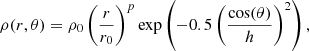 Mathematical equation: $$ \begin{aligned} \rho (r,\theta ) = \rho _0 \left(\frac{r}{r_0}\right)^p \mathrm{exp} \left(-0.5\left(\frac{\mathrm{cos} (\theta )}{h}\right)^2\right), \end{aligned} $$