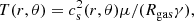 Mathematical equation: $$ \begin{aligned} T(r,\theta )&= c_{\mathrm{s} }^2(r,\theta ) \mu / (R_{\mathrm{gas} }\gamma ),\end{aligned} $$