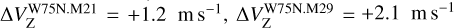 Mathematical equation: $\Delta V_{\mathrm{Z}}^{\mathrm{W} 75 \mathrm{~N}. \mathrm{M} 21}=+1.2 \mathrm{~m} \mathrm{~s}^{-1}, \Delta V_{\mathrm{Z}}^{\mathrm{W} 75 \mathrm{~N}. \mathrm{M} 29}= +2.1 \mathrm{~m} \mathrm{~s}^{-1}$