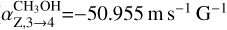 Mathematical equation: $\alpha_{\mathrm{Z}, 3 \rightarrow 4}^{\mathrm{CH}_{3} \mathrm{OH}} = -50.955 \mathrm{~m} \mathrm{~s}^{-1} \mathrm{G}^{-1}$