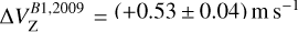 Mathematical equation: $\Delta V_{\mathrm{Z}}^{B 1, 2009}= (+0.53 \pm 0.04) \mathrm{m} \mathrm{s}^{-1}$