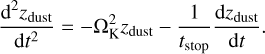 Mathematical equation: $\frac{\mathrm{d}^{2} z_{\mathrm{dust}}}{\mathrm{~d} t^{2}}=-\Omega_{\mathrm{K}}^{2} z_{\mathrm{dust}}-\frac{1}{t_{\mathrm{stop}}} \frac{\mathrm{~d} z_{\mathrm{dust}}}{\mathrm{~d} t}.$